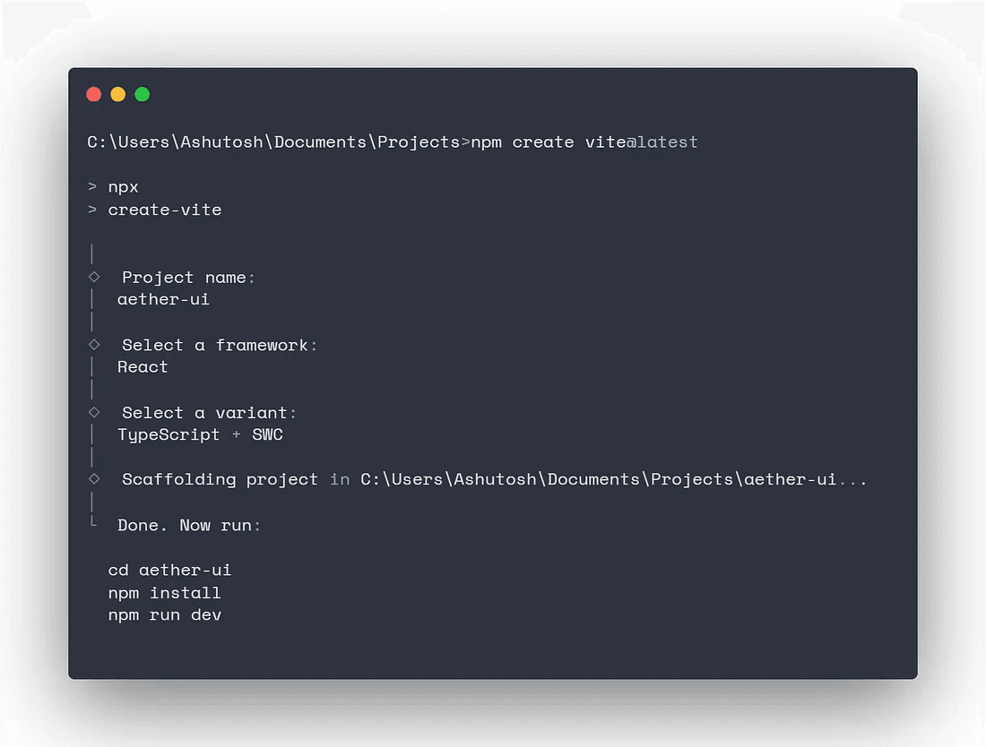 Terminal showing a Vite project created with the React and TypeScript template.