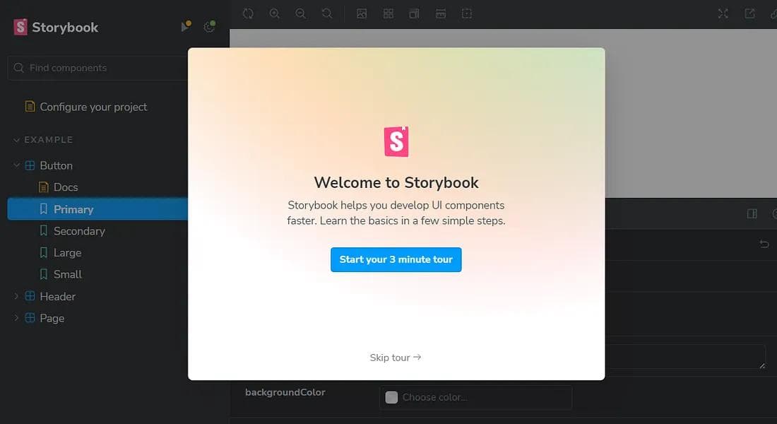 Storybook welcome screen after initialization.