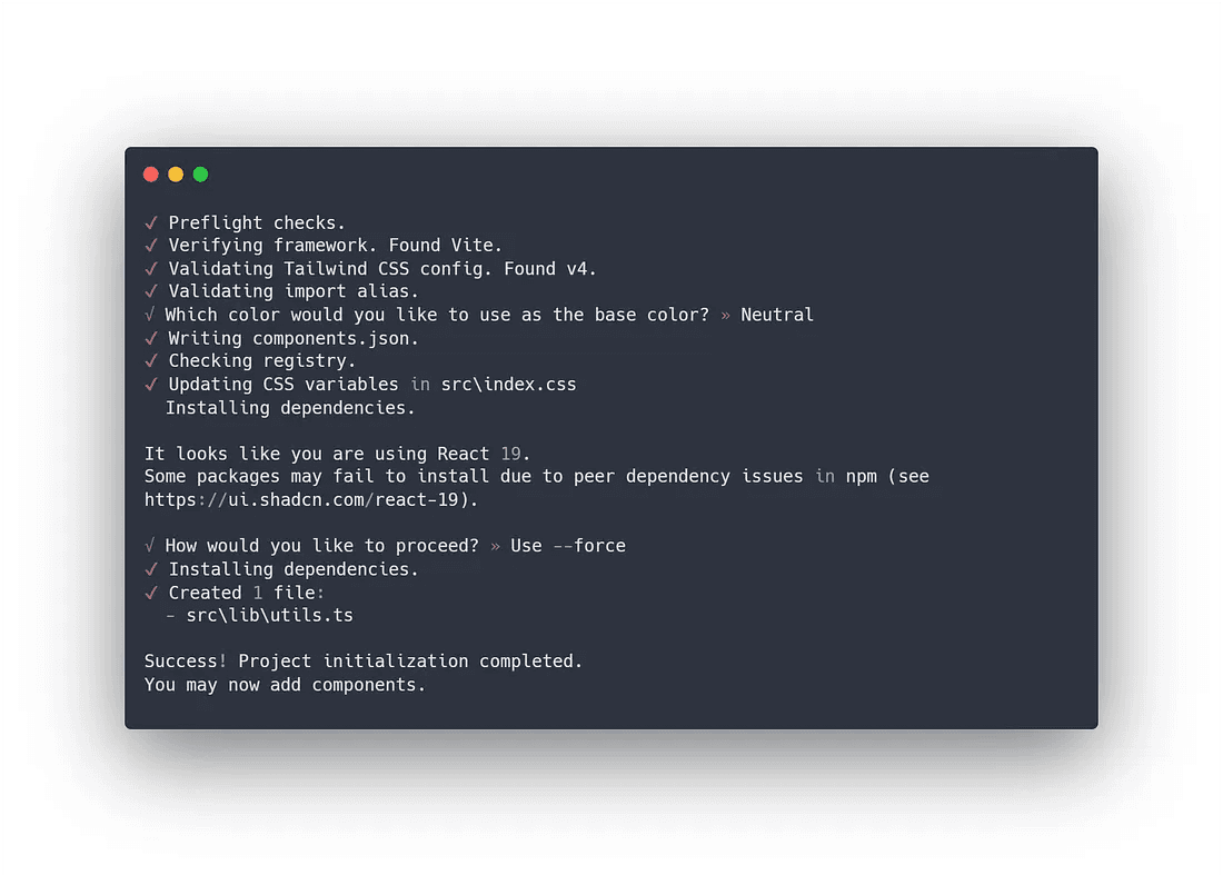 Terminal showing Shadcn UI setup and dependency installation.
