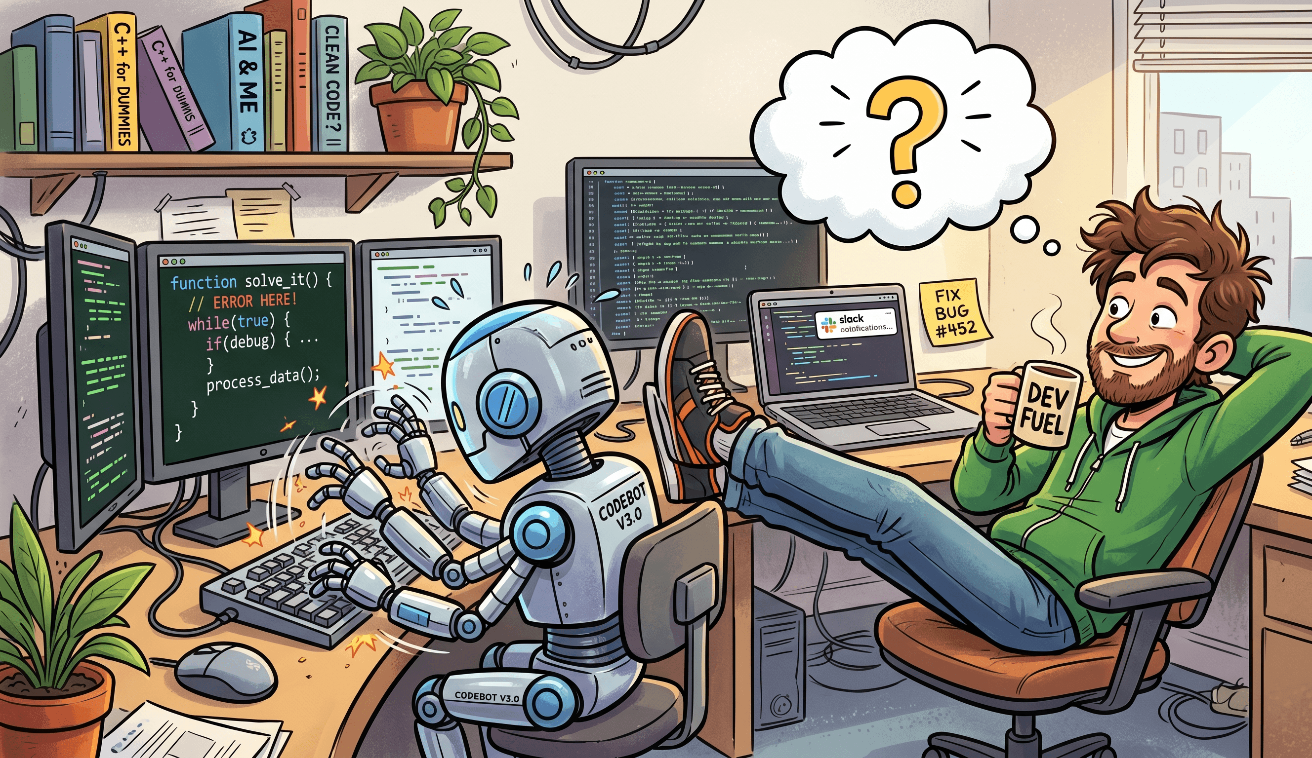 Illustration of an AI robot writing code while a developer watches without understanding it.