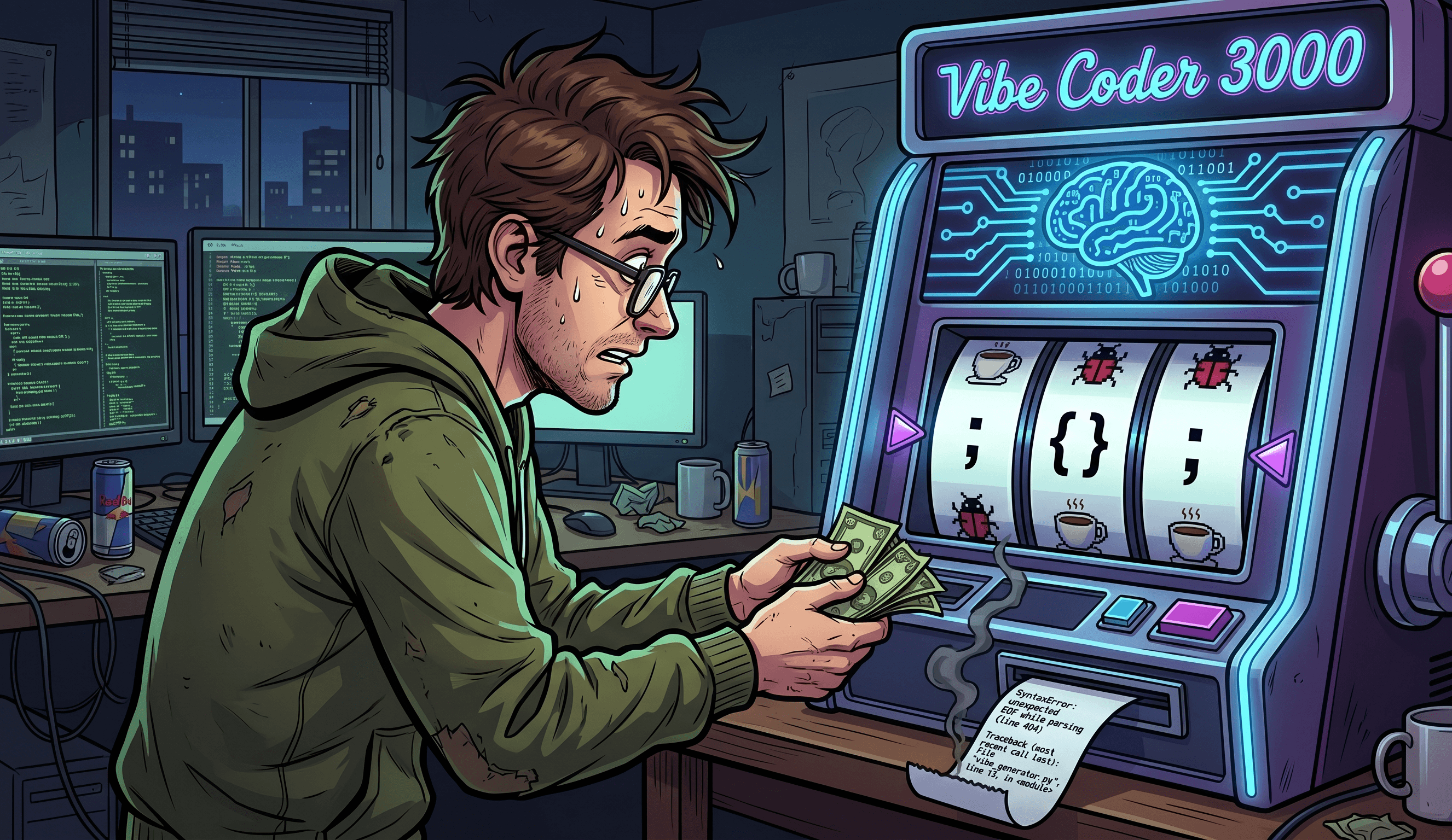 Illustration of a developer spending money at a Vibe Coder 3000 slot machine.